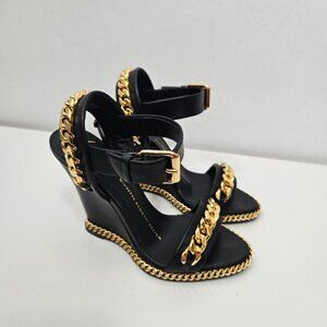 Giuseppe Zanotti Black Leather Chain Link Detail Wedge Sandals Sz 4 US / 34 EUR